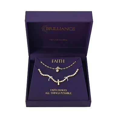 Brilliance 14k Gold Flash Plated Cubic Zirconia Round Bezel Drop Pendant and Cross Cubic Zirconia Tennis Necklace Set