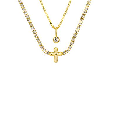 Brilliance 14k Gold Flash Plated Cubic Zirconia Round Bezel Drop Pendant and Cross Cubic Zirconia Tennis Necklace Set