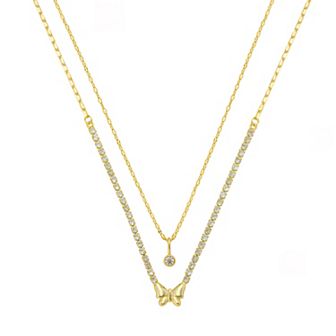 Brilliance 14k Gold Flash Plated Cubic Zirconia Round Bezel Drop Pendant and Butterfly Cubic Zirconia Tennis Necklace Set