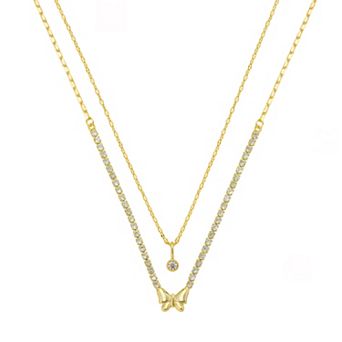 Brilliance 14k Gold Flash Plated Cubic Zirconia Round Bezel Drop Pendant and Butterfly Cubic Zirconia Tennis Necklace Set