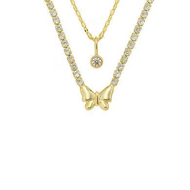 Brilliance 14k Gold Flash Plated Cubic Zirconia Round Bezel Drop Pendant and Butterfly Cubic Zirconia Tennis Necklace Set