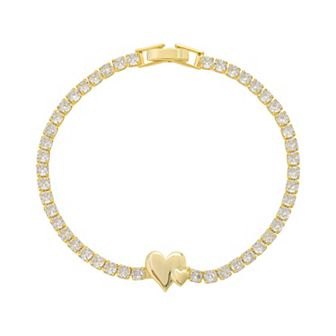 Brilliance 14k Gold Flash Plated Double Heart Cubic Zirconia Tennis Bracelet