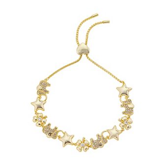 Brilliance 14k Gold Flash Plated Cubic Zirconia Elephant, Cubic Zirconia Clover, and Star Bolo Bracelet
