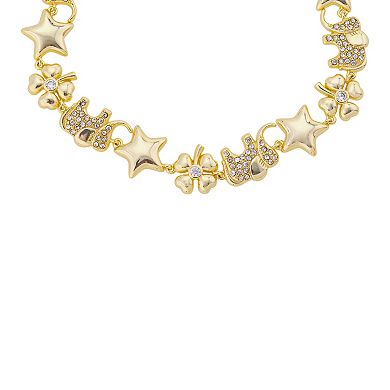 Brilliance 14k Gold Flash Plated Cubic Zirconia Elephant, Cubic Zirconia Clover, and Star Bolo Bracelet
