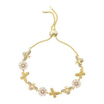 Brilliance 14k Gold Flash Plated Cubic Zirconia Bee, Cubic Zirconia Flower, and Butterfly Bolo Bracelet
