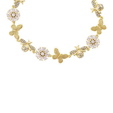 Brilliance 14k Gold Flash Plated Cubic Zirconia Bee, Cubic Zirconia Flower, and Butterfly Bolo Bracelet
