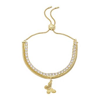 Brilliance 14k Gold Flash Plated Cubic Zirconia Butterfly Layered Herringbone Chain and Cubic Zirconia Tennis Bolo Bracelet