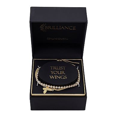 Brilliance 14k Gold Flash Plated Cubic Zirconia Butterfly Layered Herringbone Chain and Cubic Zirconia Tennis Bolo Bracelet