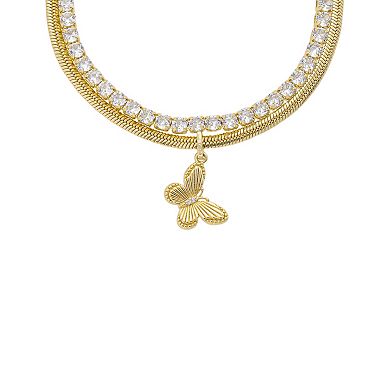 Brilliance 14k Gold Flash Plated Cubic Zirconia Butterfly Layered Herringbone Chain and Cubic Zirconia Tennis Bolo Bracelet