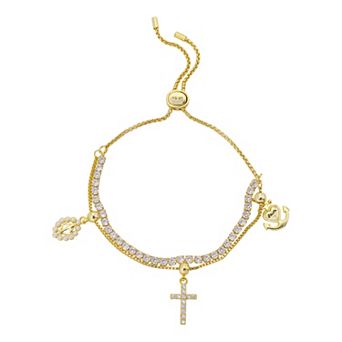 Brilliance 14k Gold Flash Plated Cubic Zirconia and Simulated Pearl Crosses, Anchor, Layered Chain Charm and Cubic Zirconia Tennis Bracelet