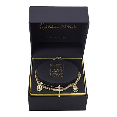 Brilliance 14k Gold Flash Plated Cubic Zirconia and Simulated Pearl Crosses, Anchor, Layered Chain Charm and Cubic Zirconia Tennis Bracelet