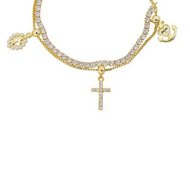 Brilliance 14k Gold Flash Plated Cubic Zirconia and Simulated Pearl Crosses, Anchor, Layered Chain Charm and Cubic Zirconia Tennis Bracelet