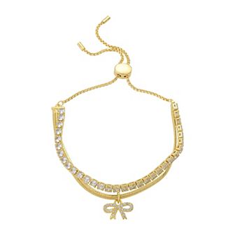 Brilliance 14k Gold Flash Plated Cubic Zirconia Bow Layered Herringbone Chain and Cubic Zirconia Tennis Bolo Bracelet