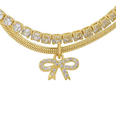 Brilliance 14k Gold Flash Plated Cubic Zirconia Bow Layered Herringbone Chain and Cubic Zirconia Tennis Bolo Bracelet