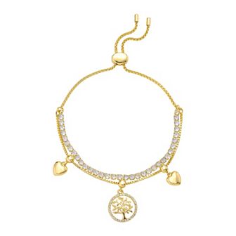 Brilliance 14k Gold Flash Plated Cubic Zirconia Tree & Hearts Layered Chain and Cubic Zirconia Tennis Bolo Bracelet