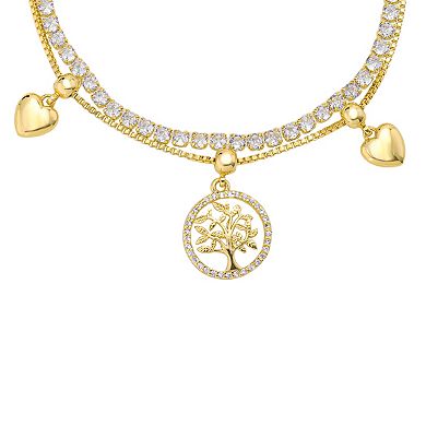 Brilliance 14k Gold Flash Plated Cubic Zirconia Tree & Hearts Layered Chain and Cubic Zirconia Tennis Bolo Bracelet