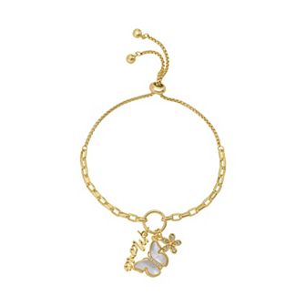 Brilliance 14k Gold Flash Plated Mama, Mother of Pearl Butterfly, and Flower Charm Bolo Bracelet