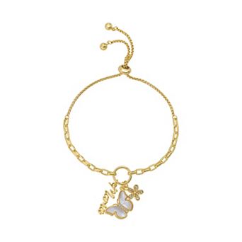 Brilliance 14k Gold Flash Plated Mama, Mother of Pearl Butterfly, and Flower Charm Bolo Bracelet