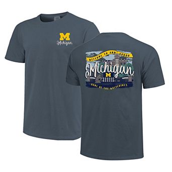 Women's Navy Michigan Wolverines Comfort Colors Campus Scene Drawing Script T-Shirt
