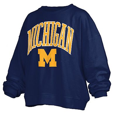 Women's Pressbox Navy Michigan Wolverines Janise Arch Over Logo Waist Length Oversized Pullover Sweatshirt