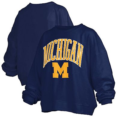 Women's Pressbox Navy Michigan Wolverines Janise Arch Over Logo Waist Length Oversized Pullover Sweatshirt