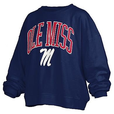 Women's Pressbox Navy Ole Miss Rebels Janise Arch Over Logo Waist Length Oversized Pullover Sweatshirt