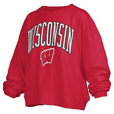 Women's Pressbox Red Wisconsin Badgers Janise Arch Over Logo Waist Length Oversized Pullover Sweatshirt