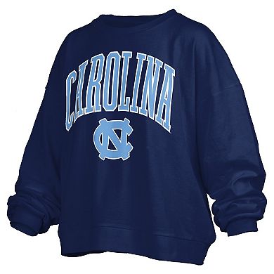 Women's Pressbox Navy North Carolina Tar Heels Janise Arch Over Logo Waist Length Oversized Pullover Sweatshirt