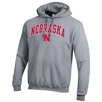 Men's Champion Heather Gray Nebraska Huskers Arched Logo Fleece Pullover Hoodie