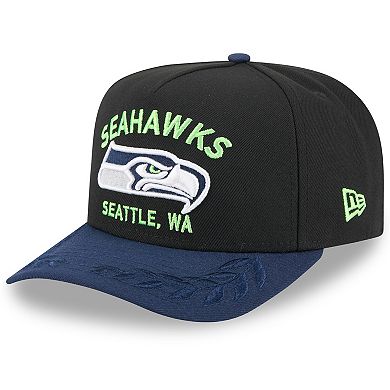 Men's New Era Black/College Navy Seattle Seahawks 2025 NFL Draft A-Frame 9FIFTY Snapback Hat