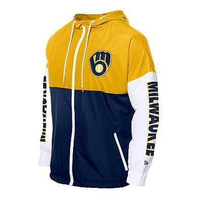 Men's�New Era Navy/Gold Milwaukee Brewers Color Block Full-Zip Hoodie Windbreaker