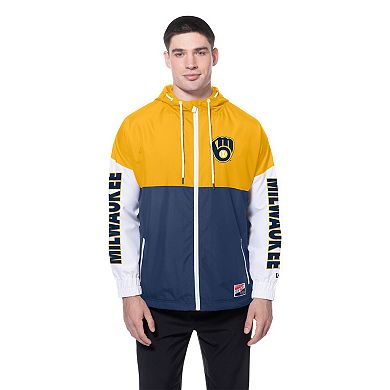 Men's�New Era Navy/Gold Milwaukee Brewers Color Block Full-Zip Hoodie Windbreaker