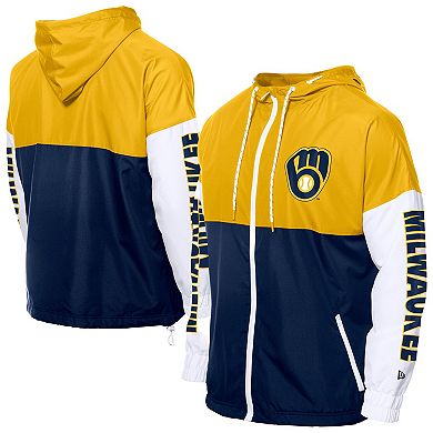 Men's�New Era Navy/Gold Milwaukee Brewers Color Block Full-Zip Hoodie Windbreaker