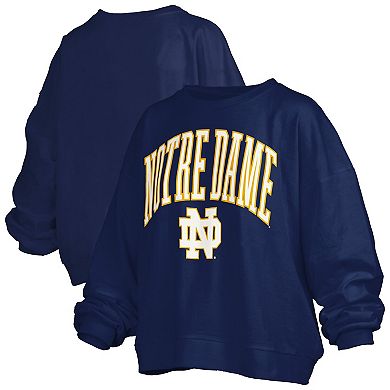 Women's Pressbox Navy Notre Dame Fighting Irish Janise Arch Over Logo Waist Length Oversized Pullover Sweatshirt