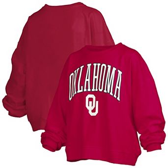 Women's Pressbox Crimson Oklahoma Sooners Janise Arch Over Logo Waist Length Oversized Pullover Sweatshirt