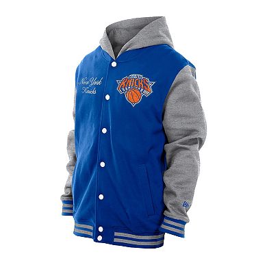 Men's�New Era Blue New York Knicks Throwback Prep Chenille Full-Snap Hooded Varsity Jacket