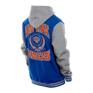 Men's�New Era Blue New York Knicks Throwback Prep Chenille Full-Snap Hooded Varsity Jacket
