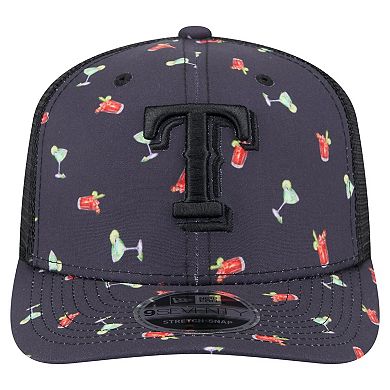 Men's New Era Black Texas Rangers Adventure Drinks Pattern 9SEVENTY Stretch-Snap Hat