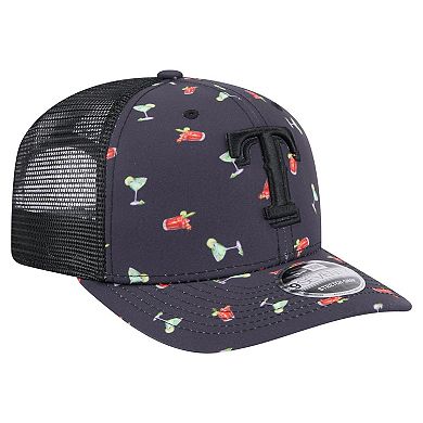 Men's New Era Black Texas Rangers Adventure Drinks Pattern 9SEVENTY Stretch-Snap Hat