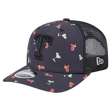 Men's New Era Black Texas Rangers Adventure Drinks Pattern 9SEVENTY Stretch-Snap Hat