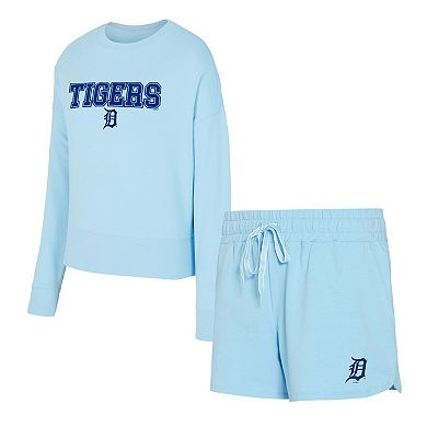 Women's Concepts Sport Light Blue Detroit Tigers Elevation Tri-Blend Long Sleeve Top & Shorts Set