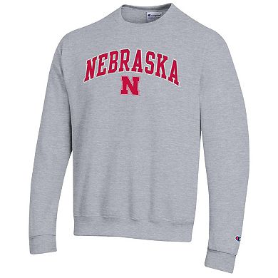 Men's Champion Heather Gray Nebraska Huskers Arch Over Logo Pullover Sweatshirt