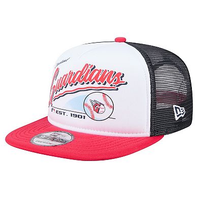 Men's New Era White/Red Cleveland Guardians Retro Script Trucker 9FIFTY Snapback Hat