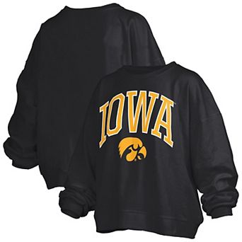 Women's Pressbox Black Iowa Hawkeyes Janise Arch Over Logo Waist Length Oversized Pullover Sweatshirt