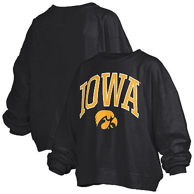 Women's Pressbox Black Iowa Hawkeyes Janise Arch Over Logo Waist Length Oversized Pullover Sweatshirt