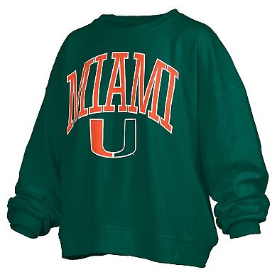 Women's Pressbox Green Miami Hurricanes Janise Arch Over Logo Waist Length Oversized Pullover Sweatshirt