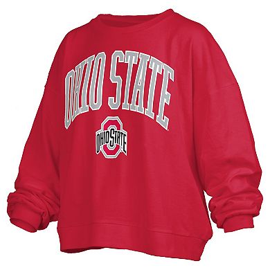 Women's Pressbox Scarlet Ohio State Buckeyes Janise Arch Over Logo Waist Length Oversized Pullover Sweatshirt