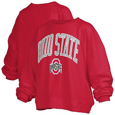 Women's Pressbox Scarlet Ohio State Buckeyes Janise Arch Over Logo Waist Length Oversized Pullover Sweatshirt