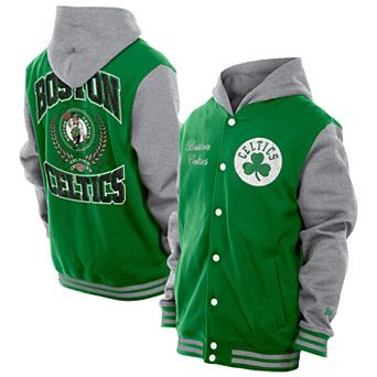 Men's New Era Kelly Green Boston Celtics Throwback Prep Chenille Full-Snap Hooded Varsity Jacket