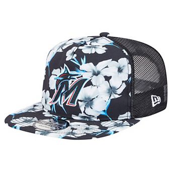 Men's New Era Black Miami Marlins Adventure Pattern Golfer Trucker Snapback Hat